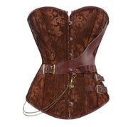 Copper-brown floral buckle and chain overbust corset, front view