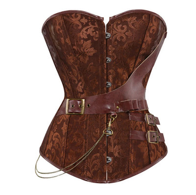 Copper-Brown Floral Overbust Corset with Buckle & Chain Detail