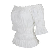 White off-shoulder peasant blouse with ruffled sleeves, three-quarter view showing smocked waist and flared ruffled cuffs
