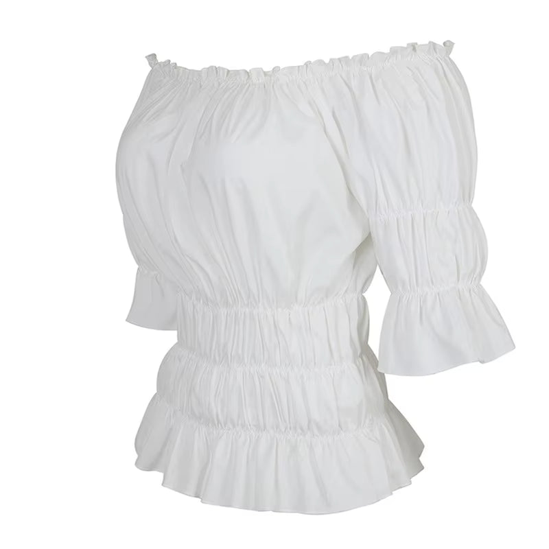 White off-shoulder peasant blouse with ruffled sleeves, three-quarter view showing smocked waist and flared ruffled cuffs