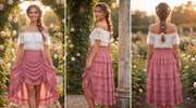 Brick Red ruffled skirt styled with blouses and corsets
