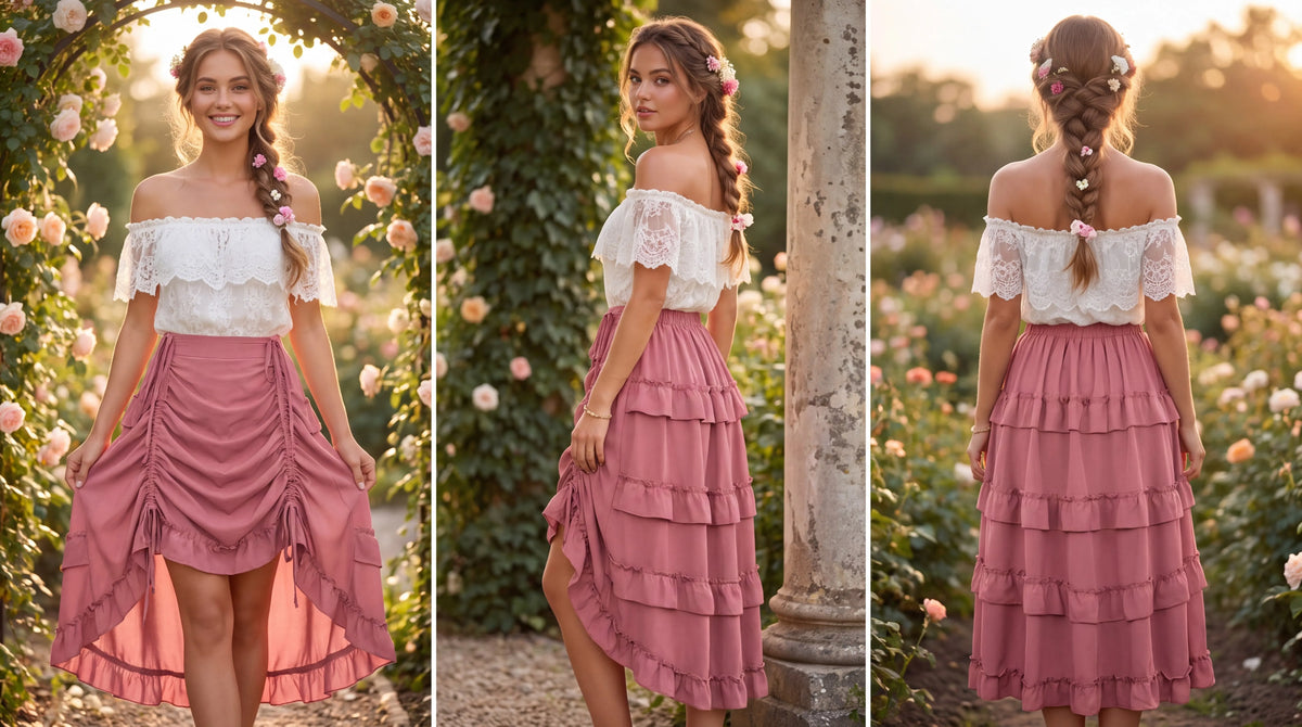 Brick Red ruffled skirt styled with blouses and corsets