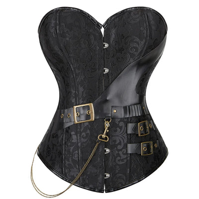 Black Floral Overbust Corset with Buckle & Chain Detail
