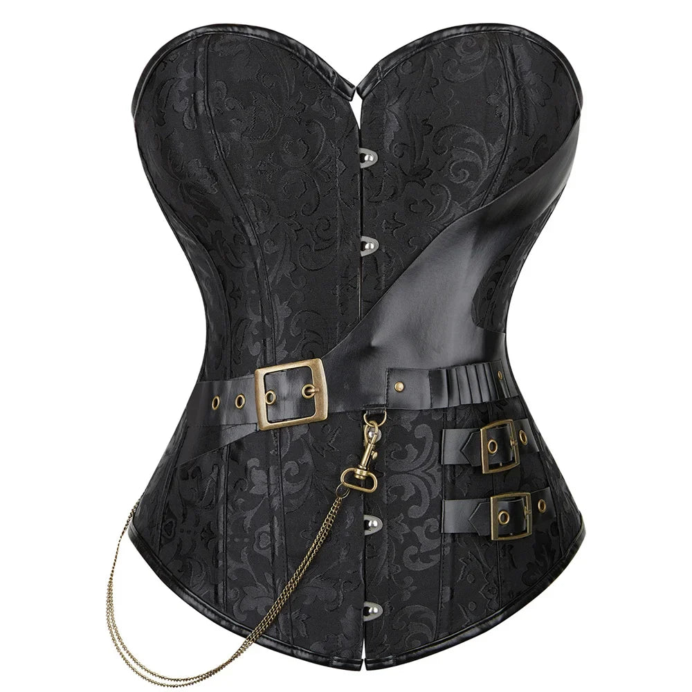 Black floral buckle and chain overbust corset, front view