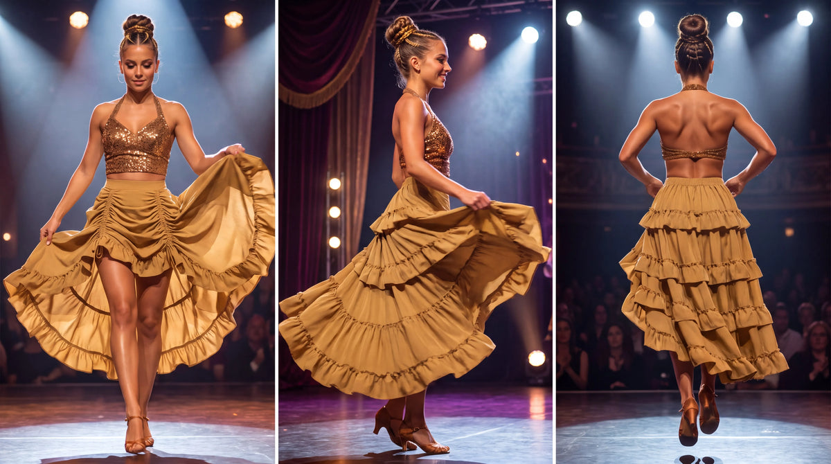 Turmeric ruffled skirt shown in layered Renaissance outfits