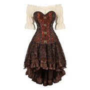 Chain-trim brown corset outfit with ivory off-shoulder blouse and layered high-low skirt