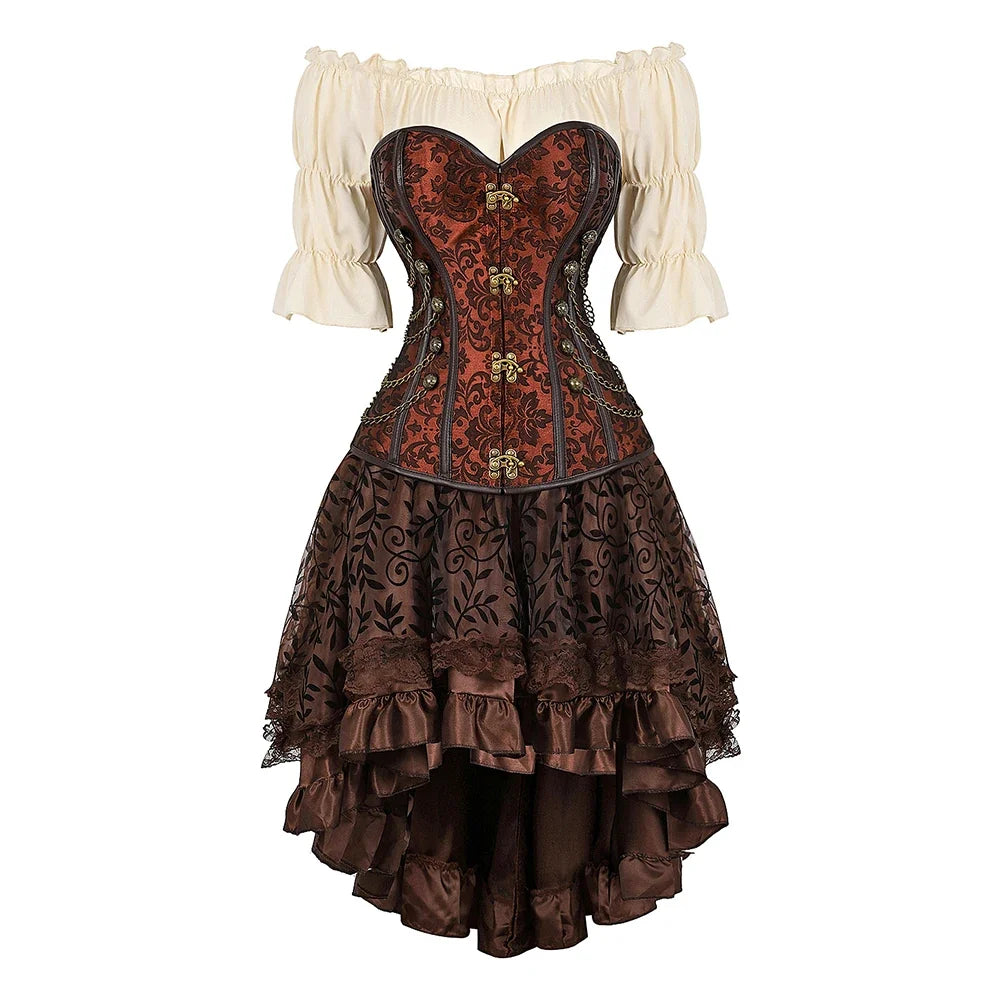 Chain-trim brown corset outfit with ivory off-shoulder blouse and layered high-low skirt