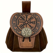 Brown medieval belt pouch with an ornate patterned round flap