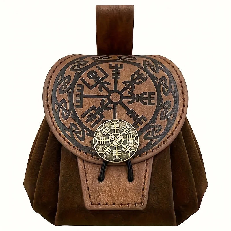 Brown medieval belt pouch with an ornate patterned round flap