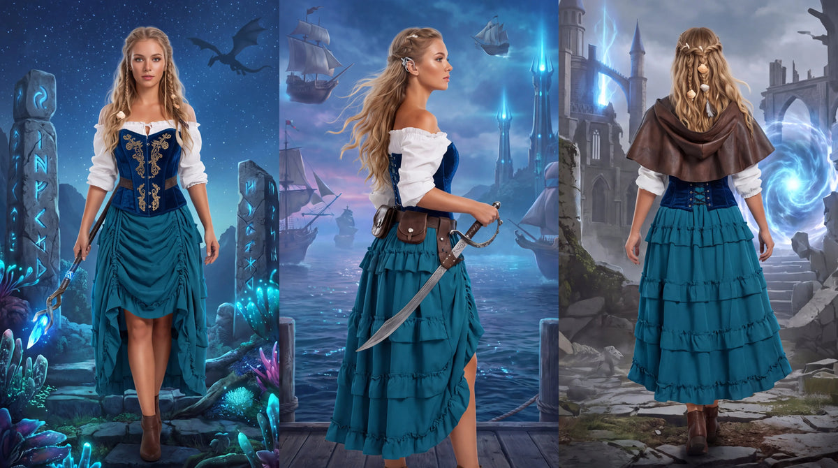 Lake Blue ruffled skirt styled in Renaissance-inspired outfits
