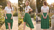 Green high-low skirt styled with a blouse and waist belt