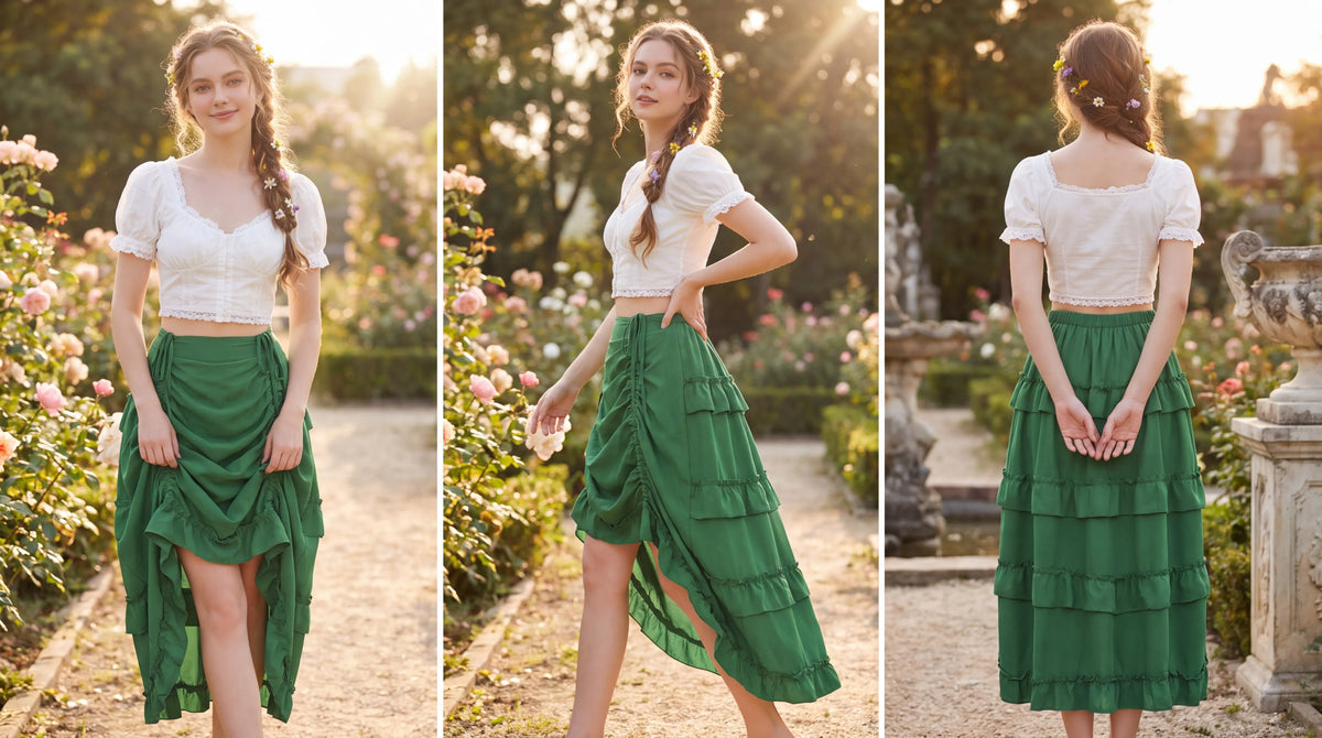 Green high-low skirt styled with a blouse and waist belt
