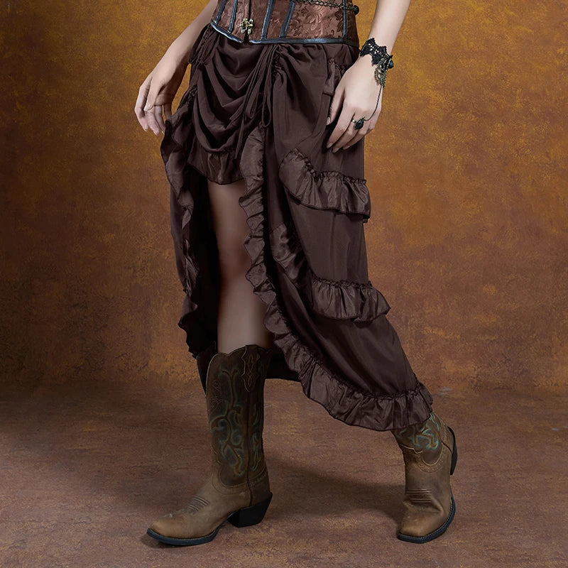 Brown ruffled pirate skirt styled with boots, side view