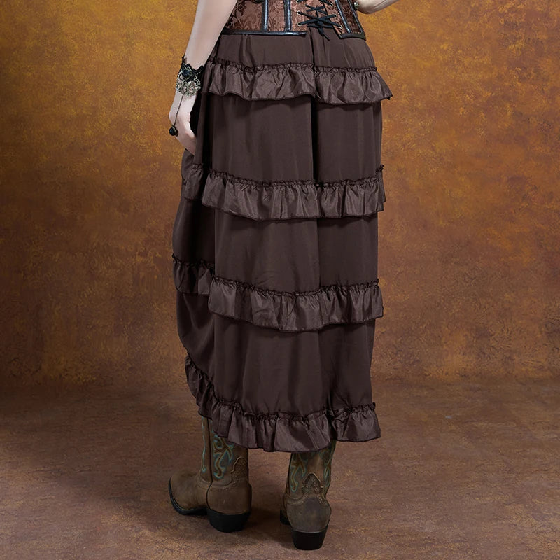 Brown tiered pirate skirt, styled back view