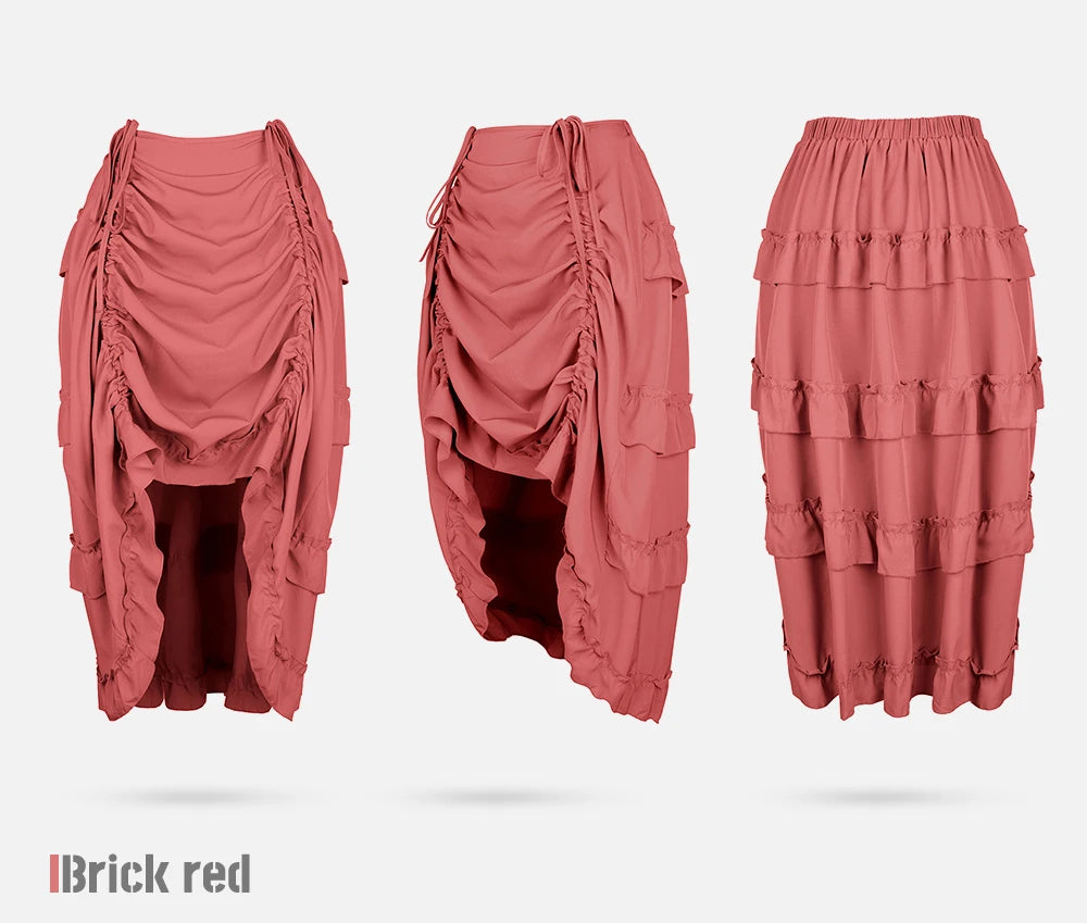 Brick Red ruffled skirt shown from front, side and back