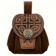 Khaki medieval belt pouch with an ornate patterned round flap