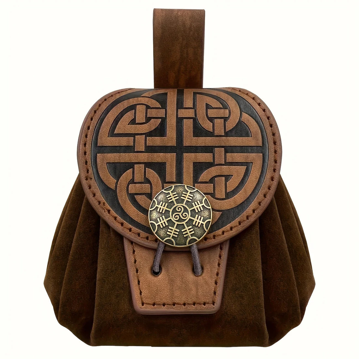 Khaki medieval belt pouch with an ornate patterned round flap
