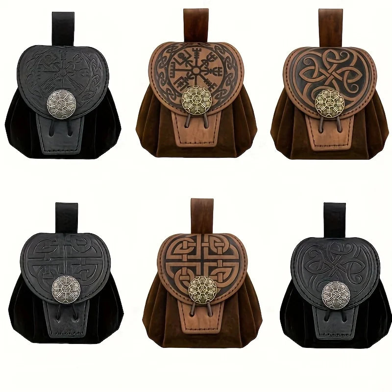 Medieval belt pouches with ornate round flaps in several decorative designs