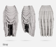 Gray ruffled skirt shown from front, side and back