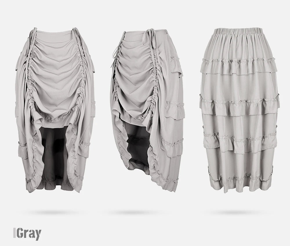 Gray ruffled skirt shown from front, side and back