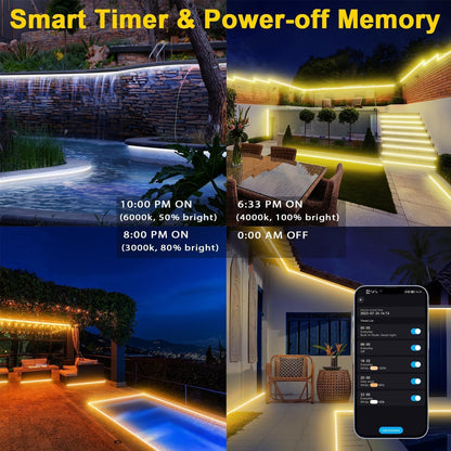 LED strip light with smart timer and power-off memory settings, used to illuminate an outdoor pool area and garden steps.