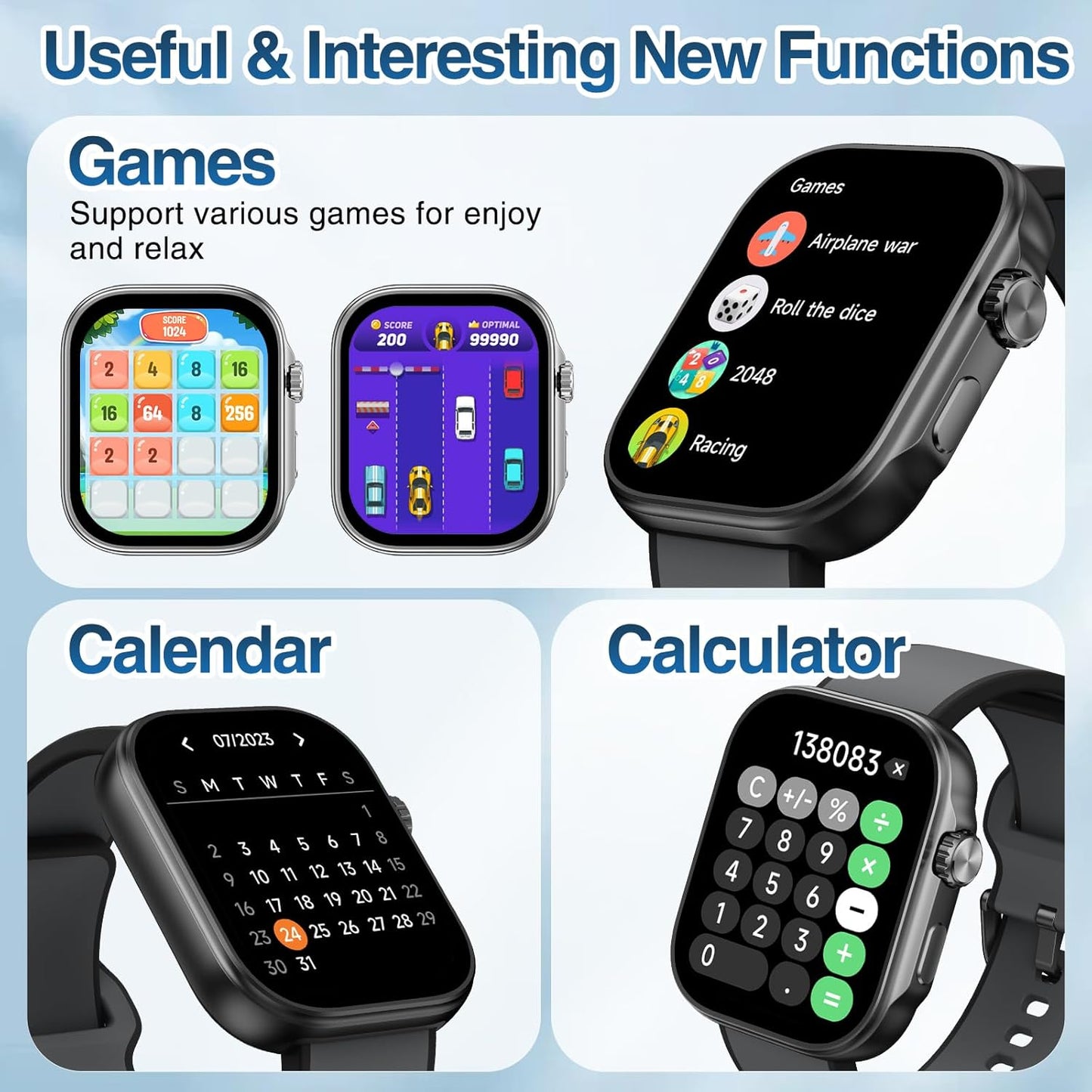 Close-up of smartwatch screen with games, calculator, and calendar apps.