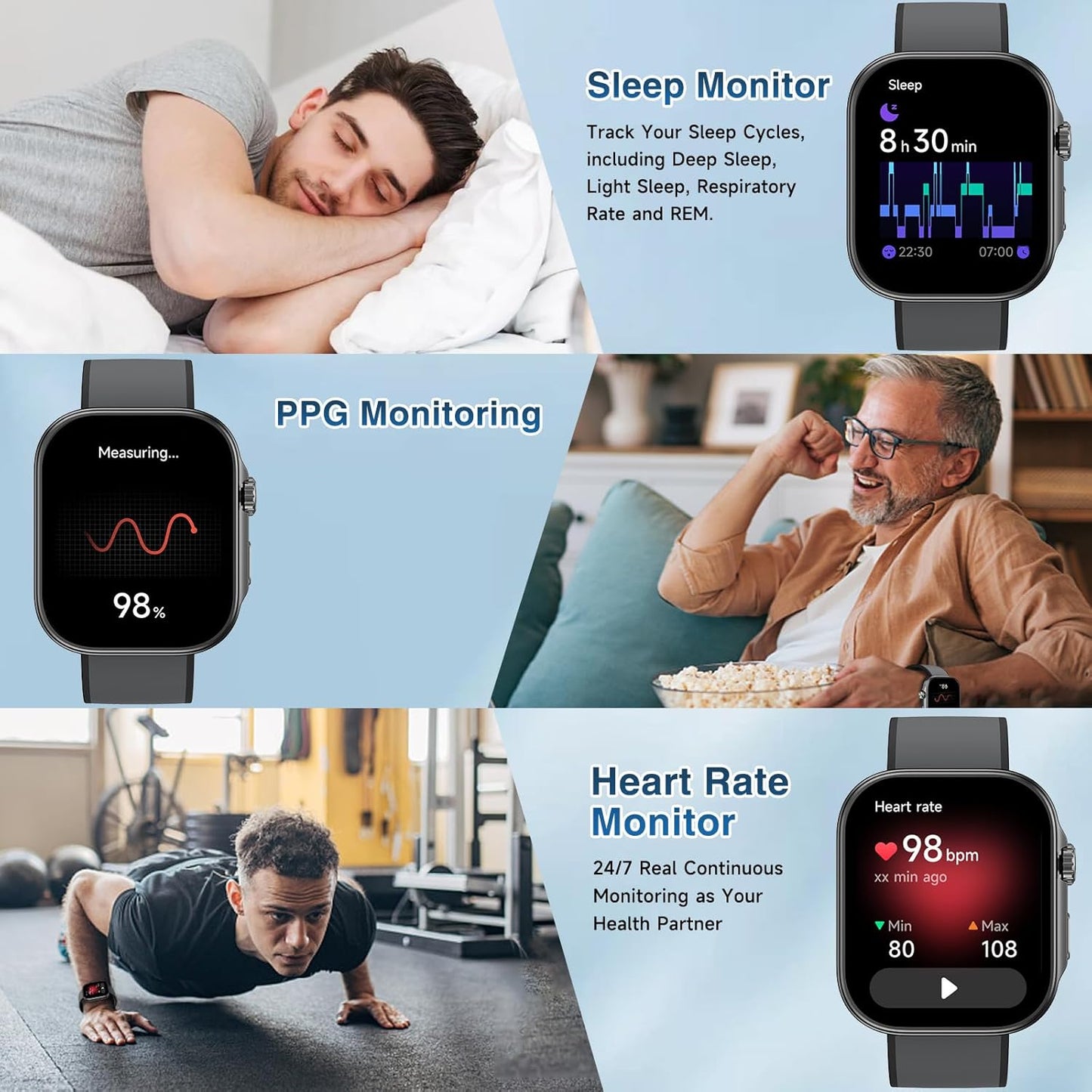 Smartwatch displaying fitness features like sleep monitor, heart rate tracker, and exercise modes.