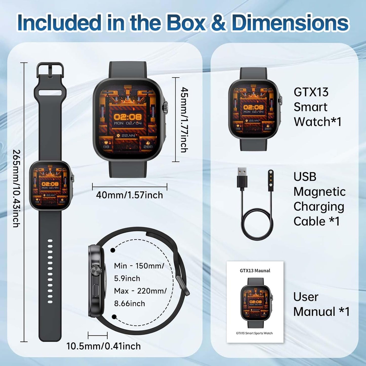 Smartwatch box contents including the watch, charging cable, and manual with dimensions labeled.