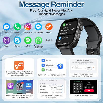 Black smartwatch displaying app notifications like SMS, Instagram, and WhatsApp.