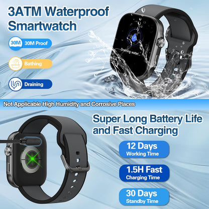 Black smartwatch in water showcasing 3ATM waterproof rating and long battery life.