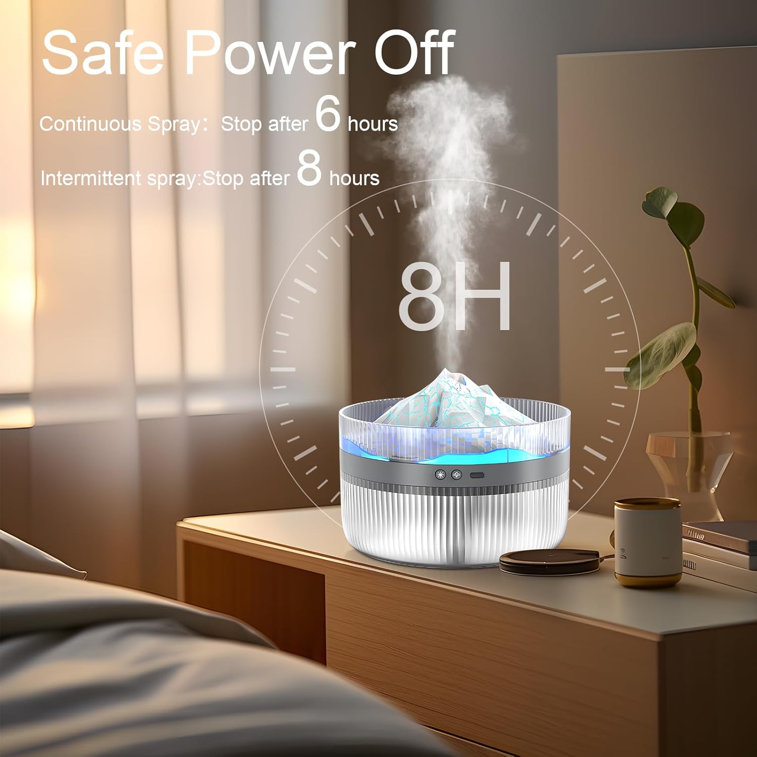 Snowy Mountain Humidifier displaying its 8-hour timer and auto-shutoff feature on a bedside table.