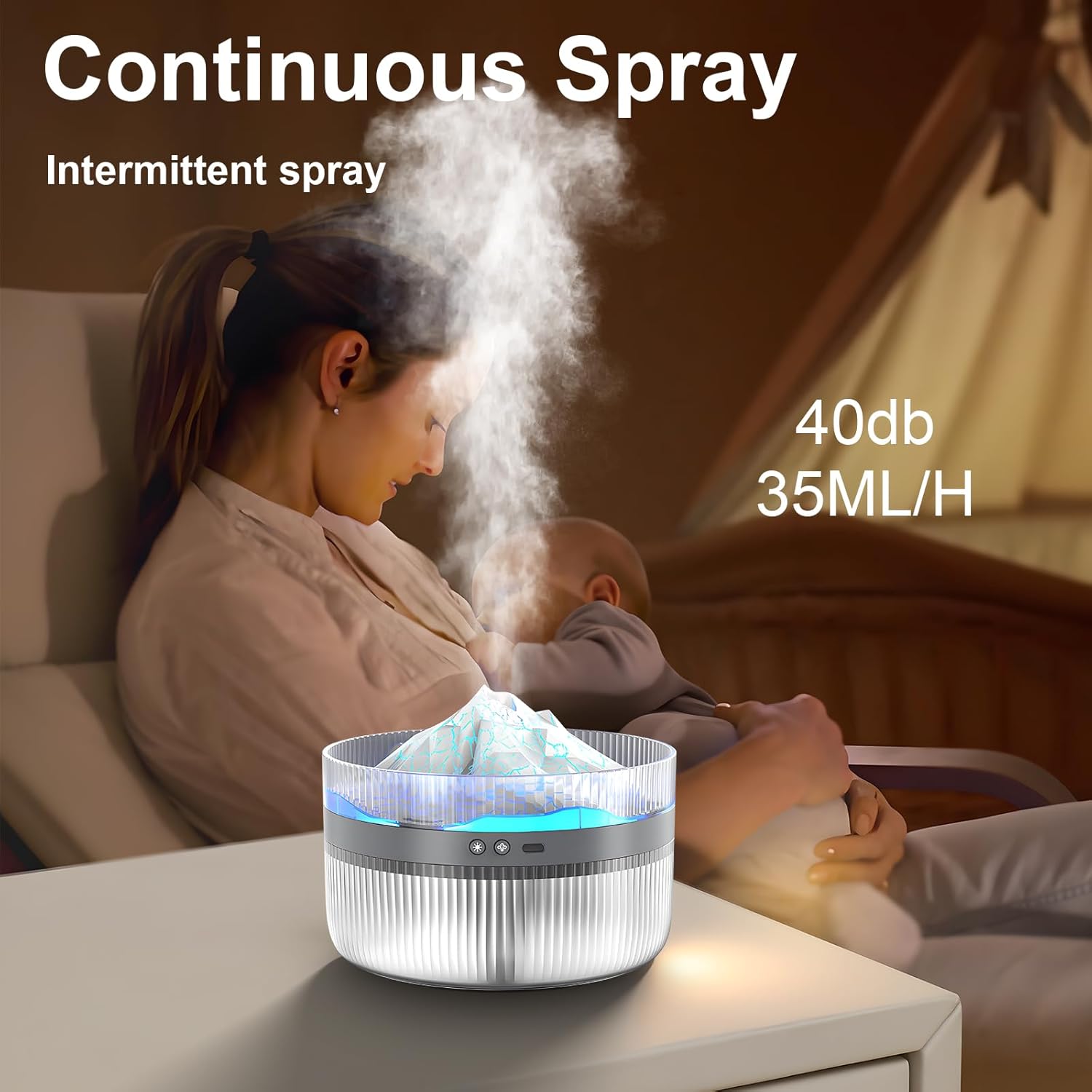 Snowy Mountain Humidifier emitting continuous mist near a mother holding her baby, illustrating its quiet operation.