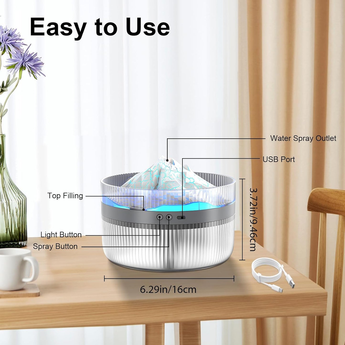 Diagram showing the dimensions of the Snowy Mountain Humidifier with labeled parts, including the USB port, water spray outlet, and control buttons.