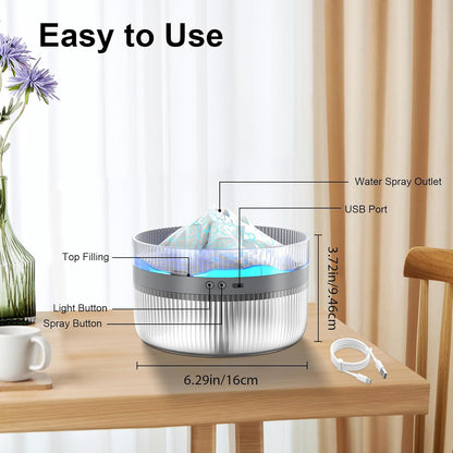 Diagram showing the dimensions of the Snowy Mountain Humidifier with labeled parts, including the USB port, water spray outlet, and control buttons.