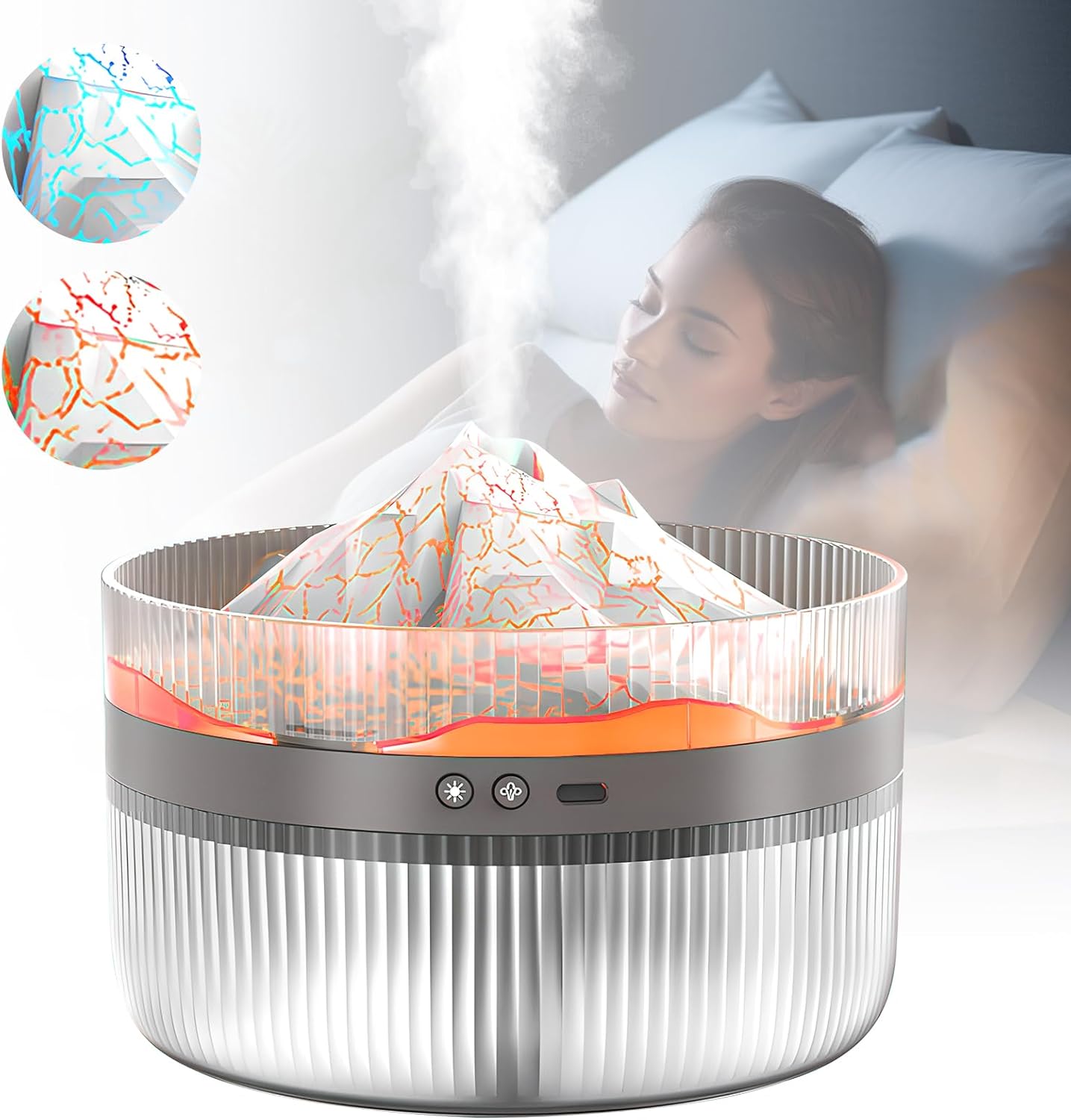 Front view of the Snowy Mountain Humidifier emitting cool mist with color options for ambient lighting, in a bedroom setting.