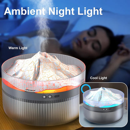 Snowy Mountain Humidifier with warm and cool night light options, creating a relaxing atmosphere in a dark bedroom.