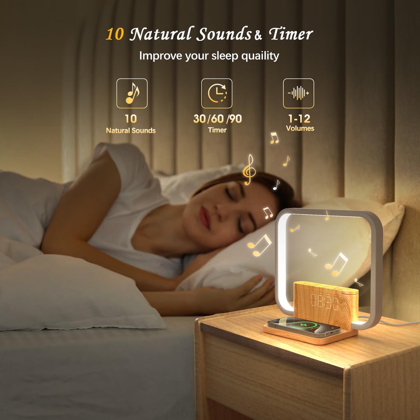 A bedside sunrise alarm clock playing soothing nature sounds, placed on a wooden table.