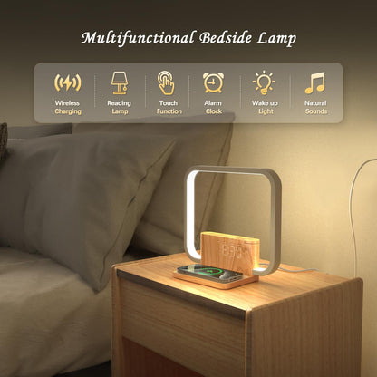 A stylish bedside sunrise alarm clock with touch-sensitive brightness control and a wooden finish.