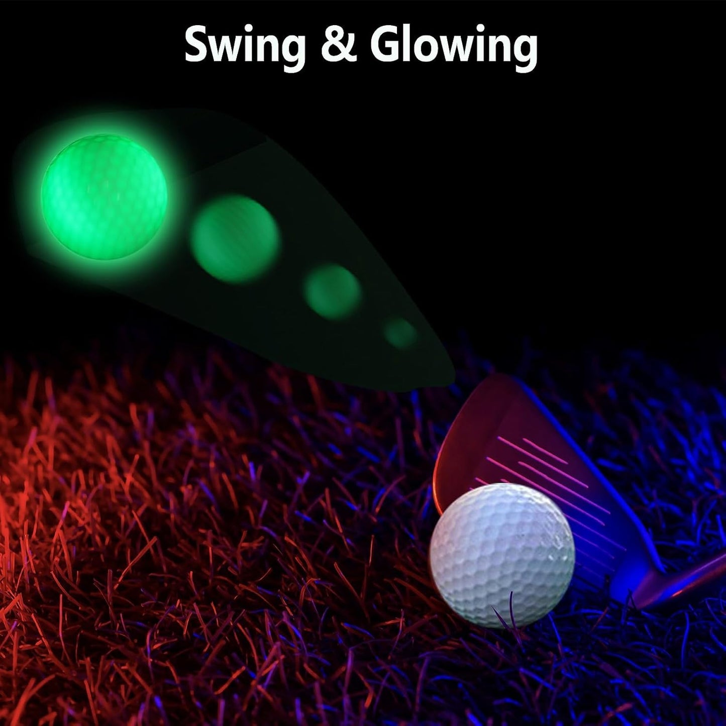 Golf club swinging at a glowing green ball, leaving a light trail in the night.