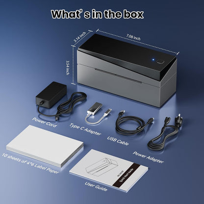 Package contents of the thermal label printer, including USB cable, Type-C adapter, power cord, label paper, and a user guide.