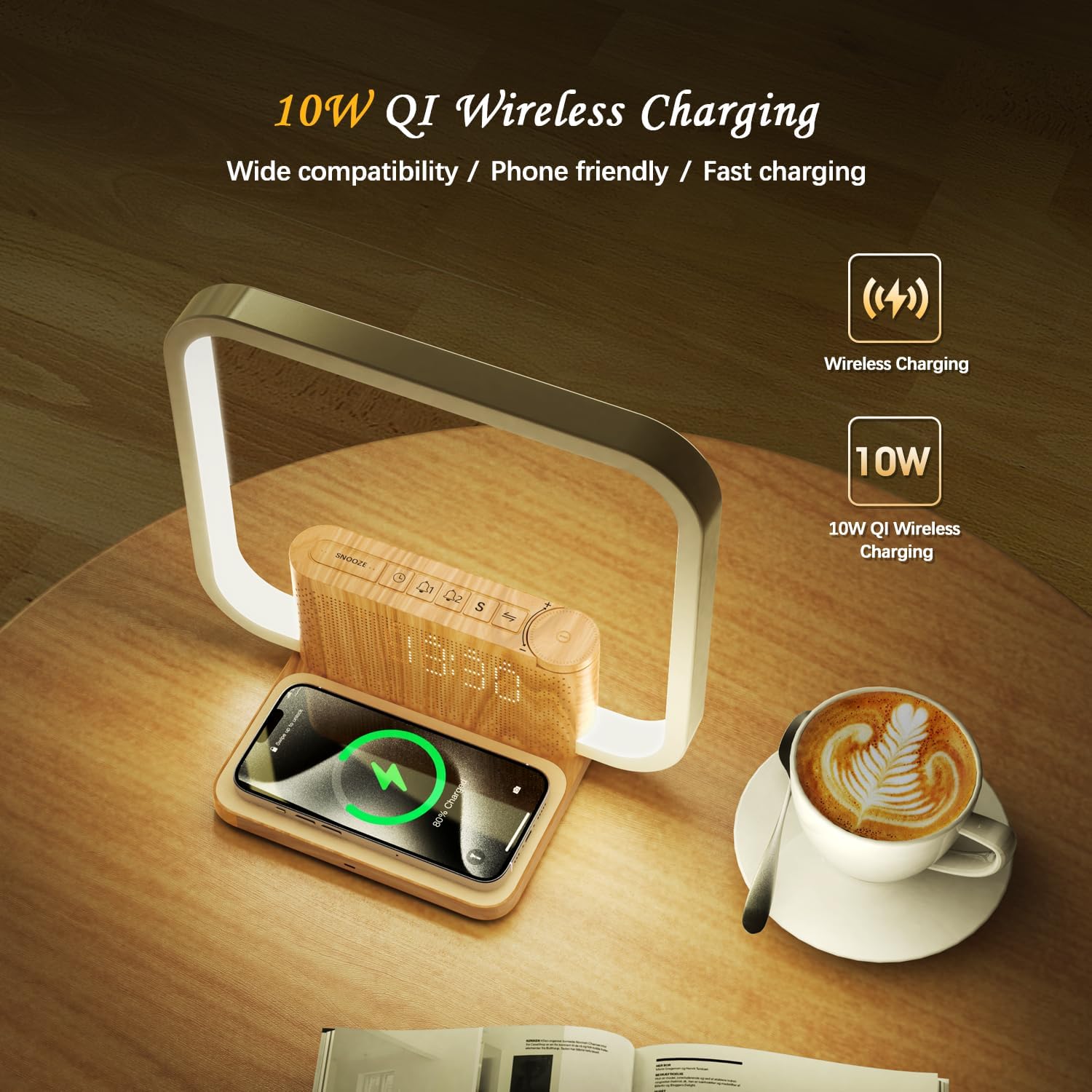 Top view of a modern sunrise alarm clock with a phone wirelessly charging and a digital LED time display.