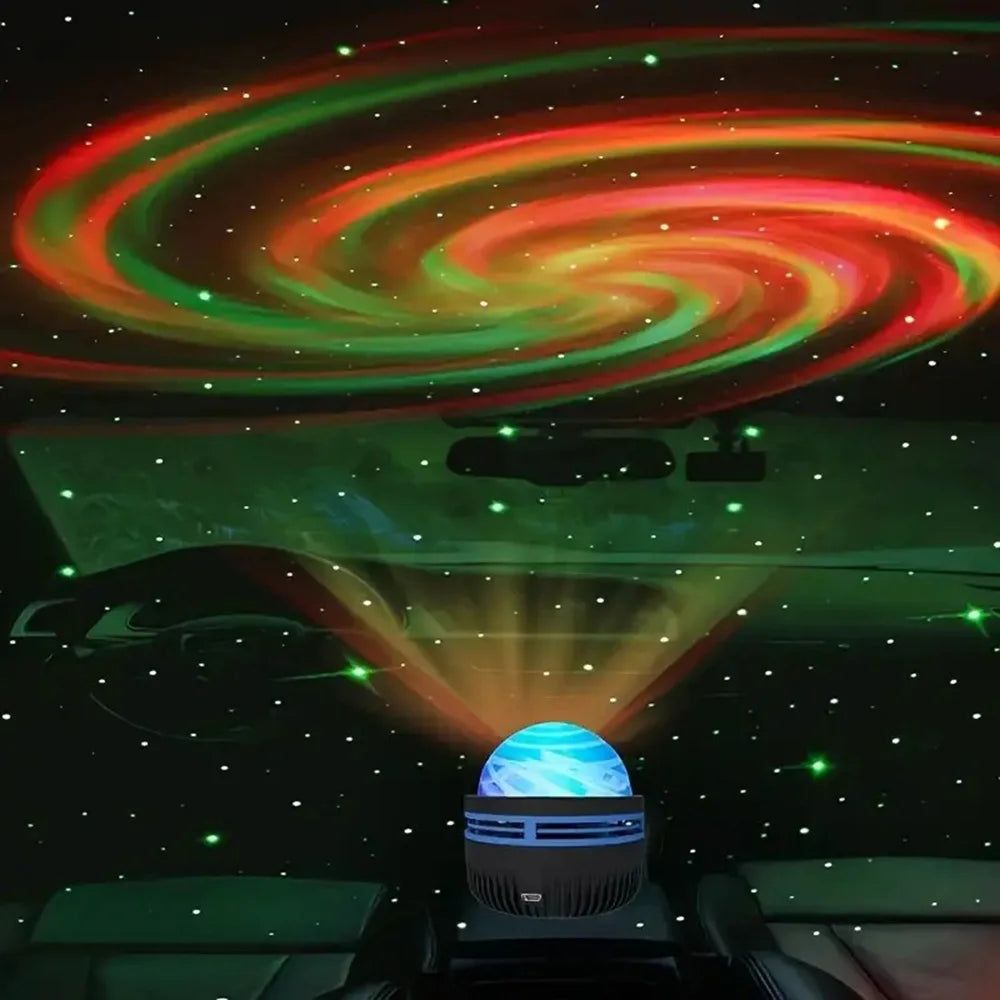 Vortex projector lamp illuminating a car's interior with swirling red and green lights.