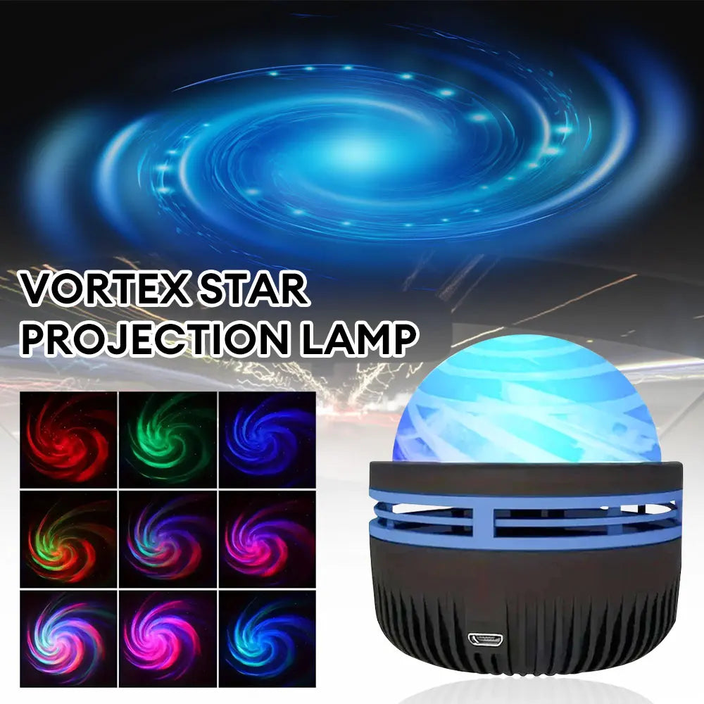 Vortex projector lamp displaying different color options including red, green, blue, and multicolor effects.