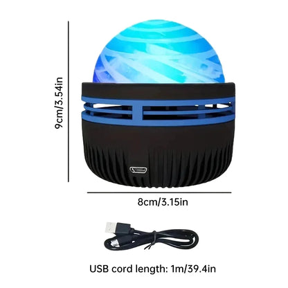 Detailed view of the vortex projector lamp with dimensions marked as 9cm in height and 8cm in width, alongside a USB cord.