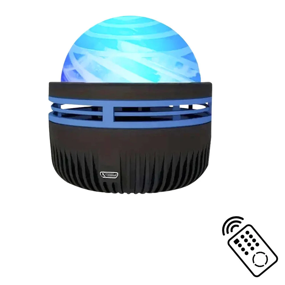 Front view of a blue vortex projector lamp with a USB port and a glowing top section.