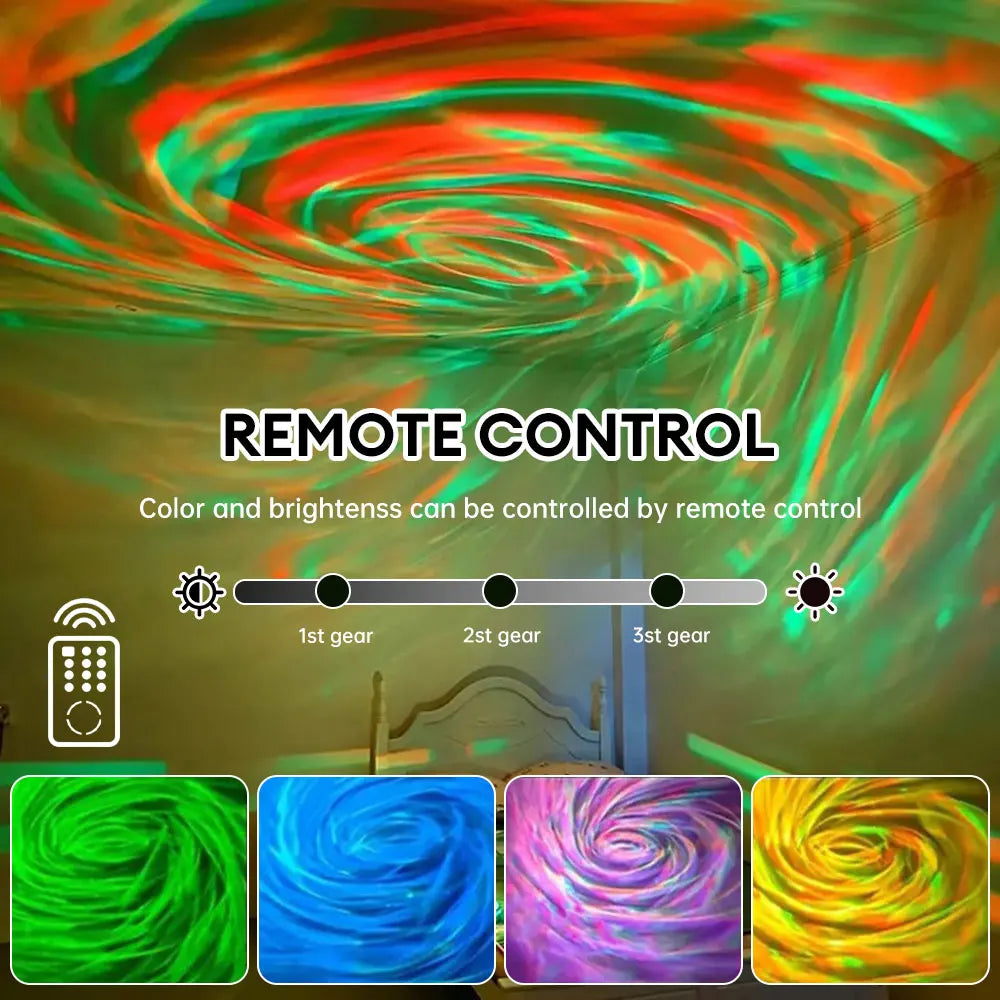 Projection lamp showing remote control compatibility with various color settings and brightness levels.