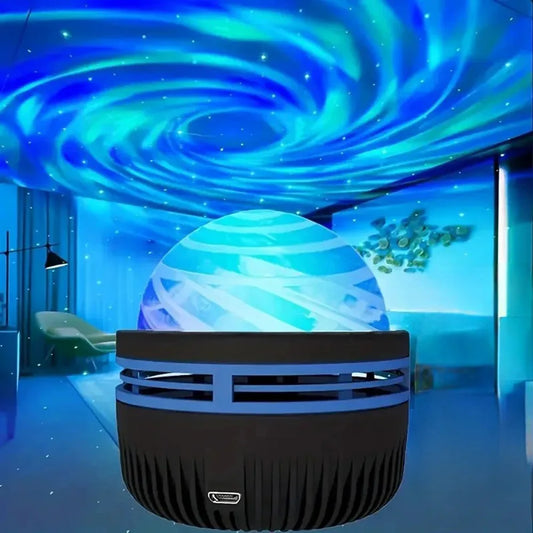 Vortex projector lamp creating a blue and white galaxy effect on the ceiling of a modern room.