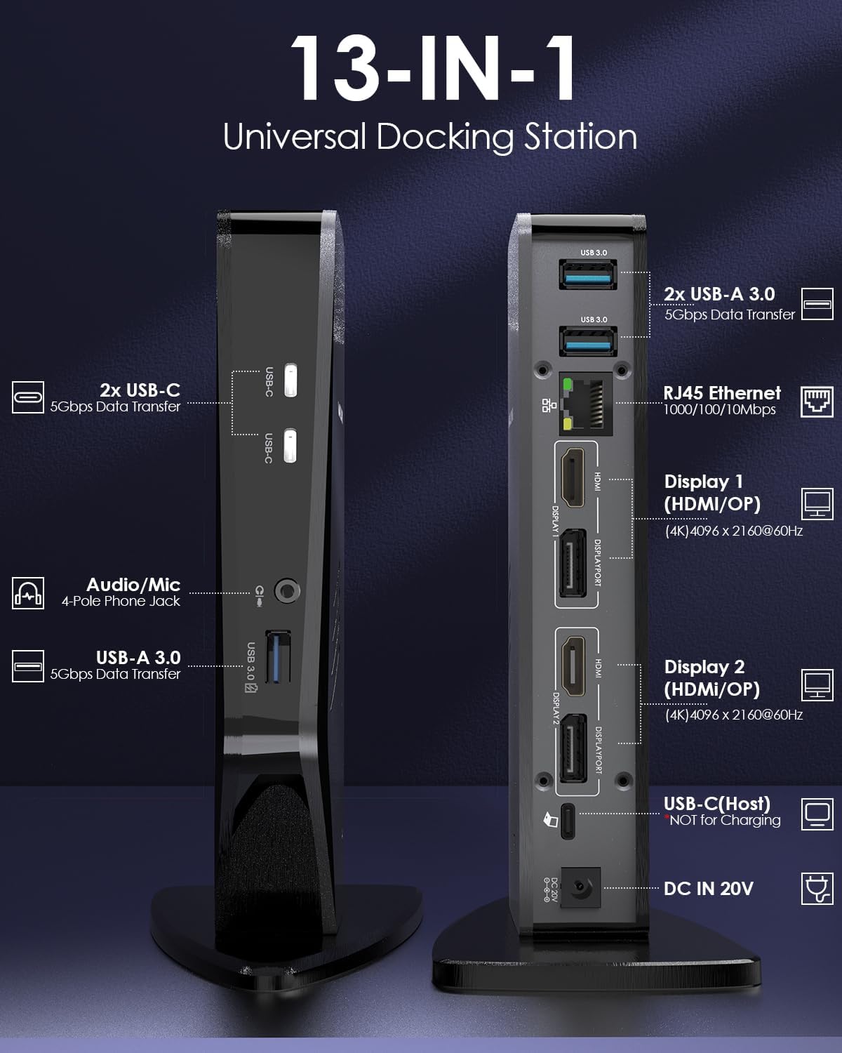 Diagram displaying 13 ports available on the WAVLINK docking station.