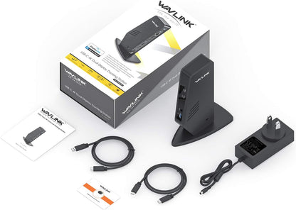 Full WAVLINK docking station package with cables, adapter, and installation CD.