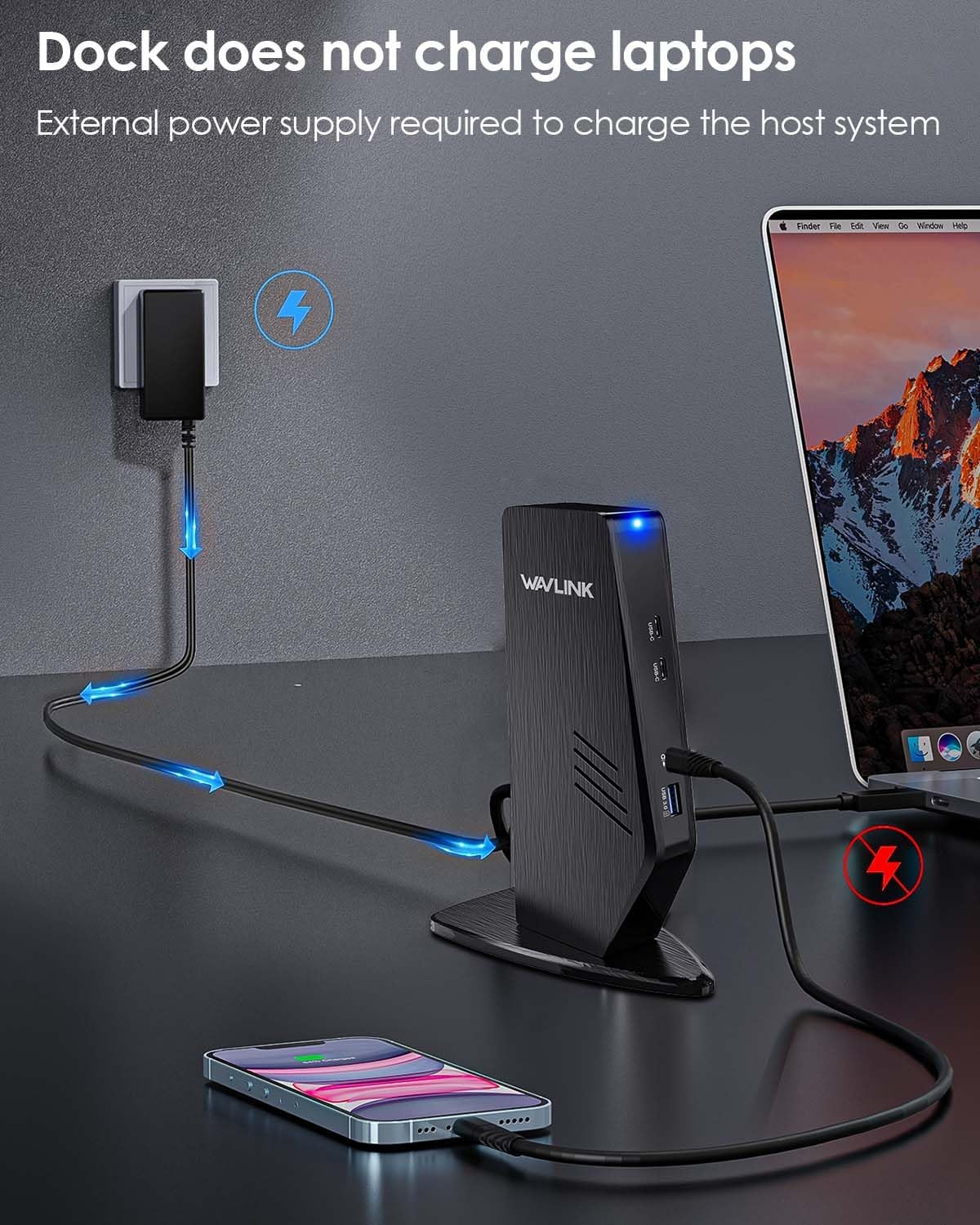 WAVLINK dock connected to a wall adapter, powering a laptop and phone.